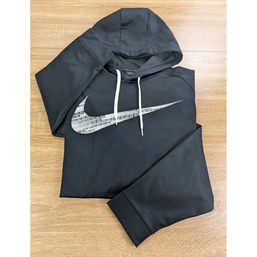 VINTAGE Nike Sweater Mens 4XL Black White Swoosh Logo Dri Fit Hoodie Sweatshirt